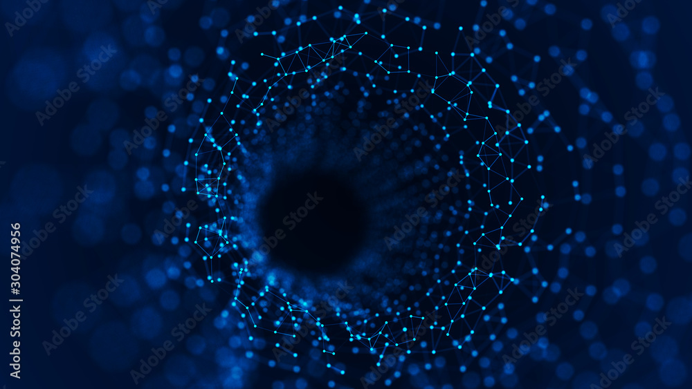 Obraz premium Abstract digital wormhole. Sci-fi tunnel or portal. Digital binary data tunnel. Futuristic space travel concept. Wireframe 3d surface. 3d rendering.