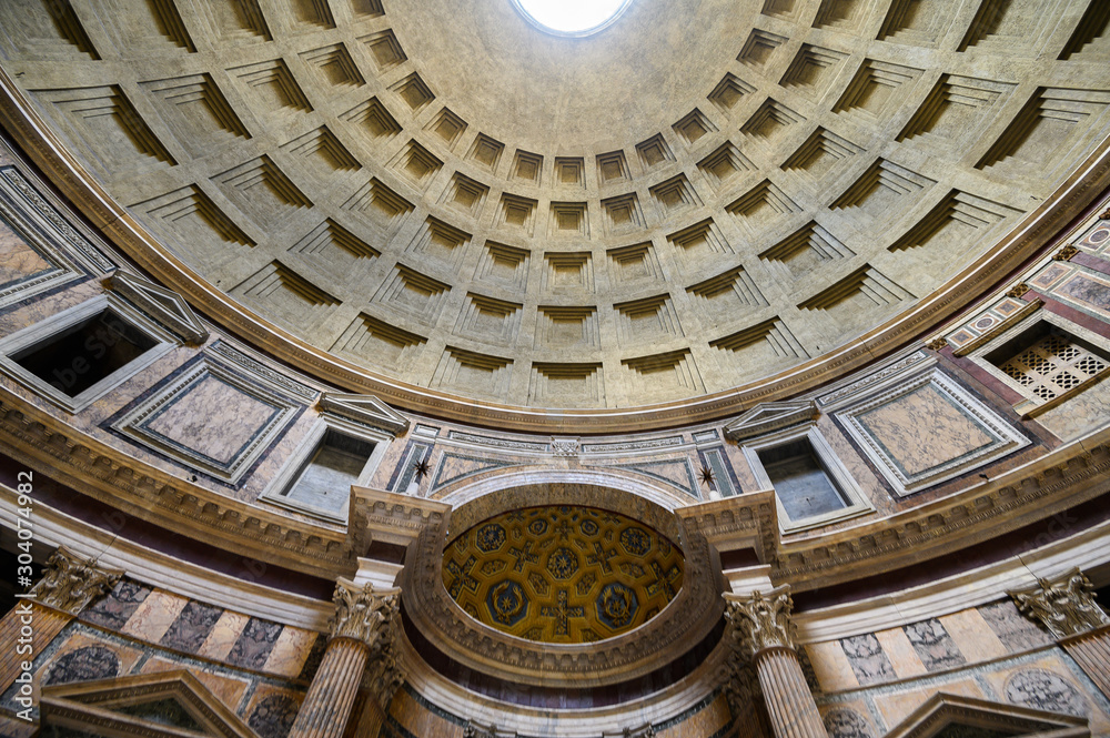 Ancient architectural masterpiece of Pantheon in Roma, Italy. Panorama of inside interior. Dome. Rome, Italy