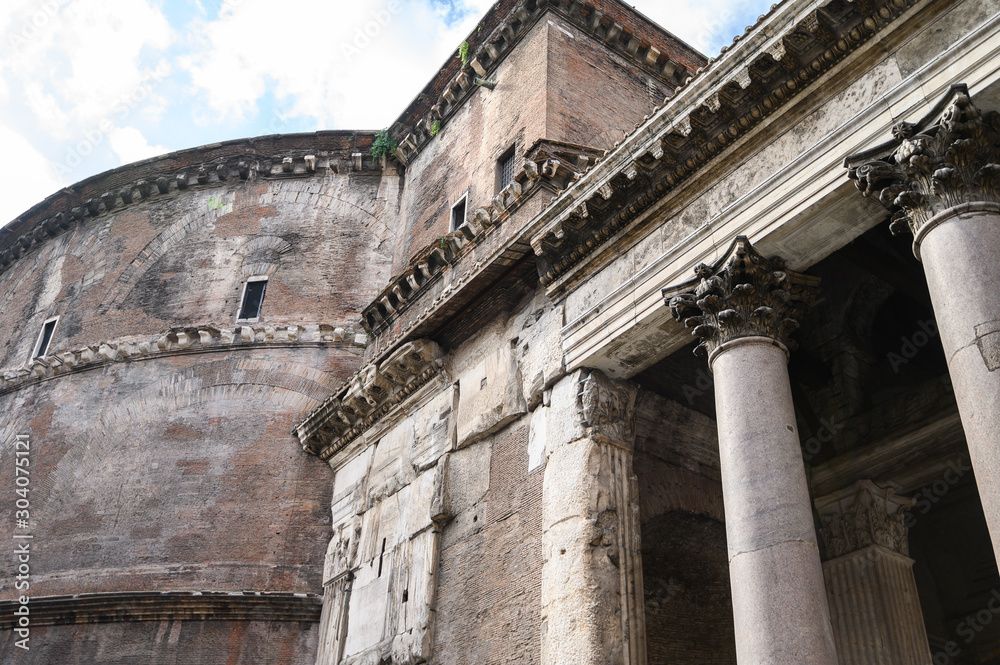 Horizontal view of Roman column details on Pantheon of Agrippa facade. Rome, Italy