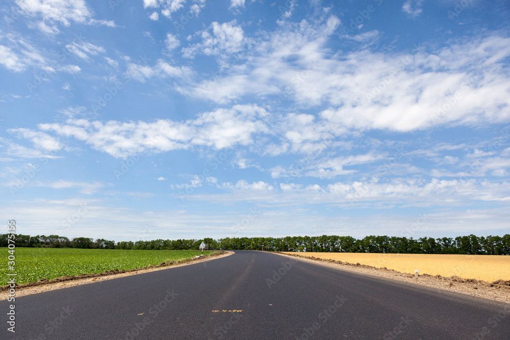 road in the countryside against a blue sky and white clouds surrounded by green grass