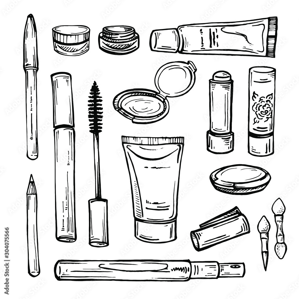 Makeup products sketch. Cosmetics. Hand drawn Illustration. Set 1 Stock  Vector | Adobe Stock