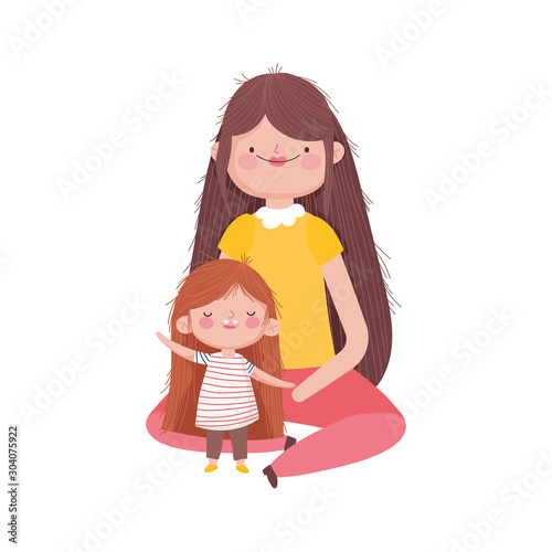 mother and little girl characters on white background