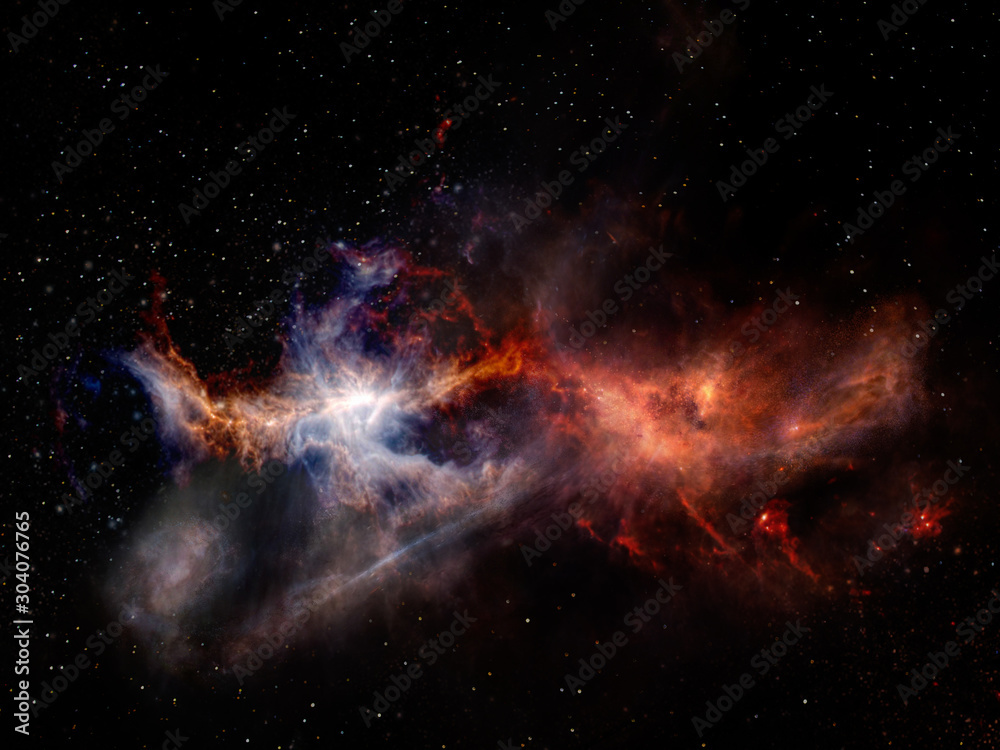 Struggle of the two elements in outer space. Landscape with stars and nebulae of red and blue colors. Elements of this image furnished by NASA. - obrazy, fototapety, plakaty 