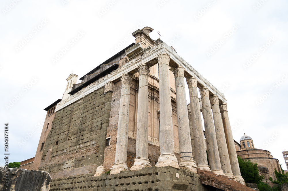 Roman Forum or Foro Romano, Rome, Italy. Antique Roman Forum is one of the main tourist attractions of Rome. Scenery of old ruins in Rome center.  Italy, Rome.