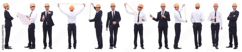 panoramic photo collage of confident architect isolated on white panoramic photo collage of confident architect isolated on white
