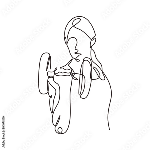 Continuous one line drawing of muscular girl. Woman with dumbbell showing her strong arm hand. Lady workout concept body builder. Vector illustration minimalism sport theme design.