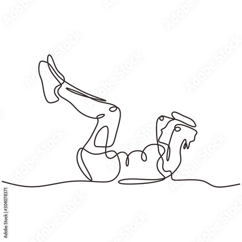 Continuous one line drawing of person doing sit up. Man training and exercise for abdominal endurance of muscles. Vector illustration minimalism sport theme design.