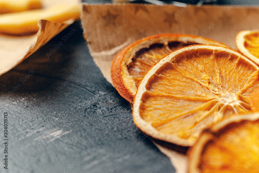 Dried fruit slices with cookies close up on kitchen table Dried fruit slices with cookies close up on kitchen table