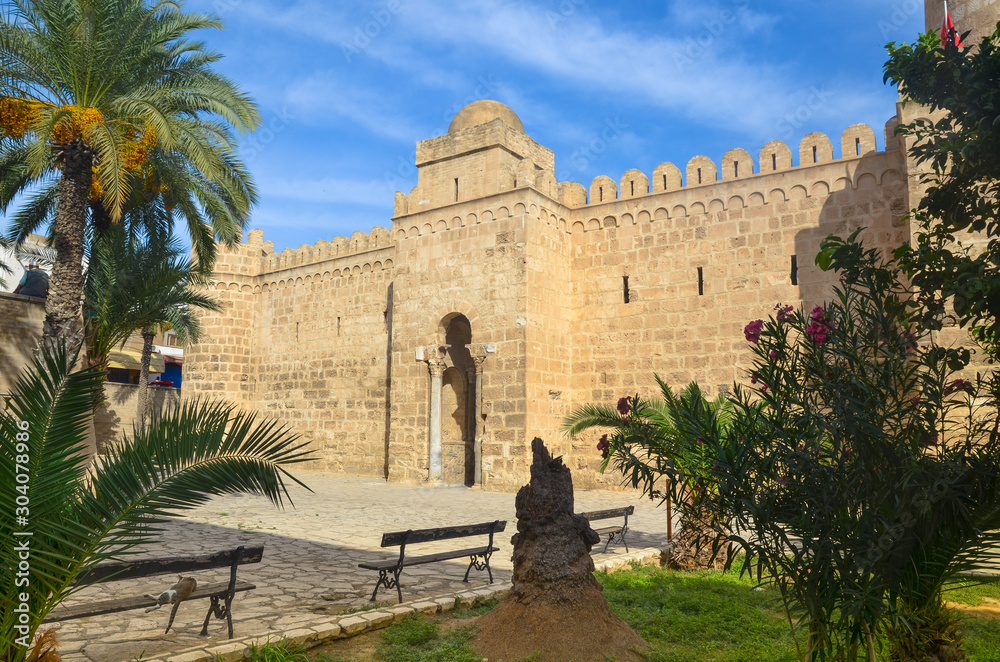 The gate of Ribat fortress inside the medieval medina of Sousse, Tunisia.