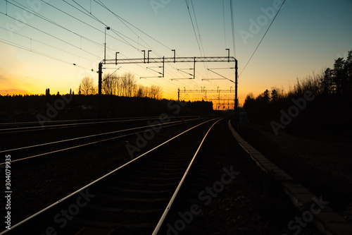Beautiful sunset at railway in Kouvola, Finland.