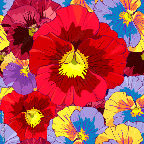 Bright red and orange flowers of pansy on a dark burgundy background. Seamless vector pattern.