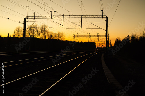 Beautiful sunset at railway in Kouvola, Finland.