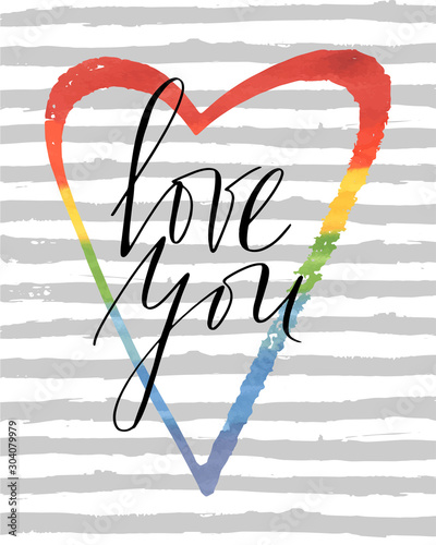 Valentines day card love you handwritten text watercolor rainbow heart