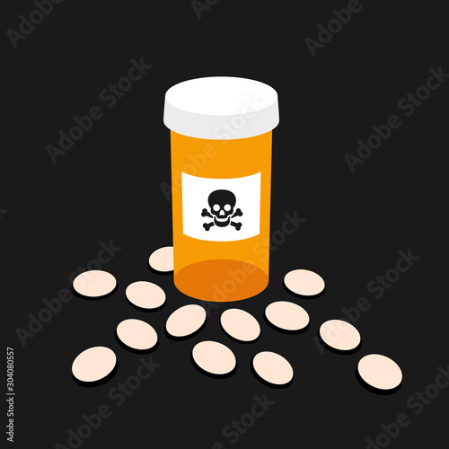 Container for madicine, medicament with warning label, sign and pictogram- danger of overdosage by drug, medicine, pill and poisonous poison. Vector illustration	