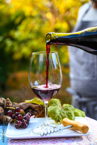 Pouring yound red beaujolais wine in glass during celebration of end of harvest and first sale release on third Thursday of November in Burgundy, France