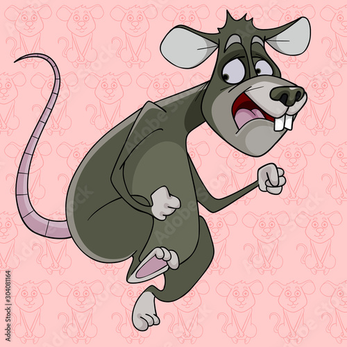 cartoon offended gray rat running away looking around
