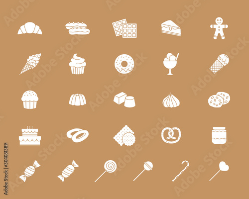 Candy Icons set - Vector solid silhouettes of sweet food for the site or interface