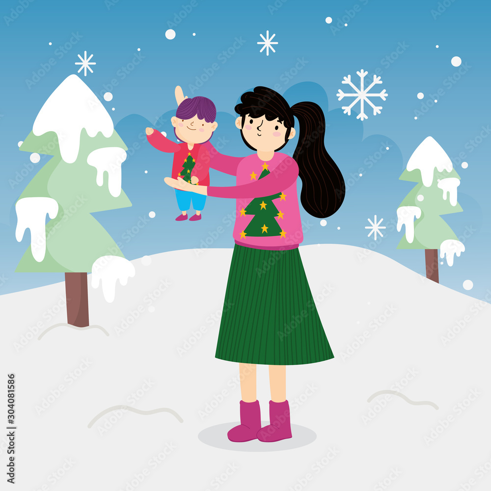 merry christmas mother carrying little son trees snow outdoor merry christmas mother carrying little son trees snow outdoor