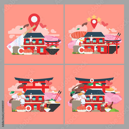 Set of Restaurant building with food picture in the background