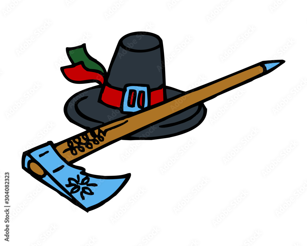Obraz premium hat with ribbons and long ax, attributes of Wallachia and shepherds, color clipart