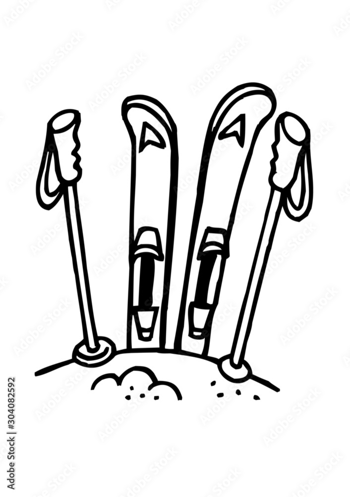 children's skis and poles on a pile of snow, black and white clipart Stock  Vector | Adobe Stock