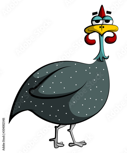 Cartoon illustration of a quirky, goofy, cute guinea fowl bird with white dots looking at you.