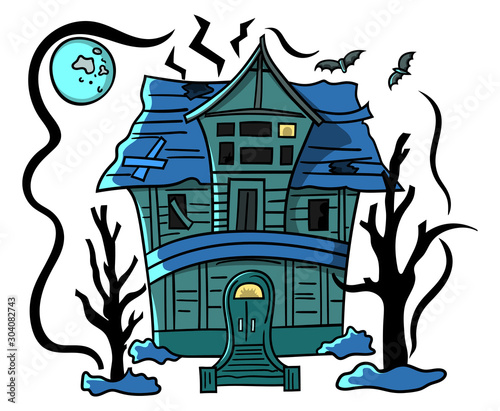 Cartoon style illustration of a haunted house in the moonlight with flying bats and creepy shadows and dead trees.