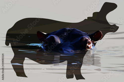 Low poly illustration of an African Hippo submerged in water in the shape of a hippo with a background