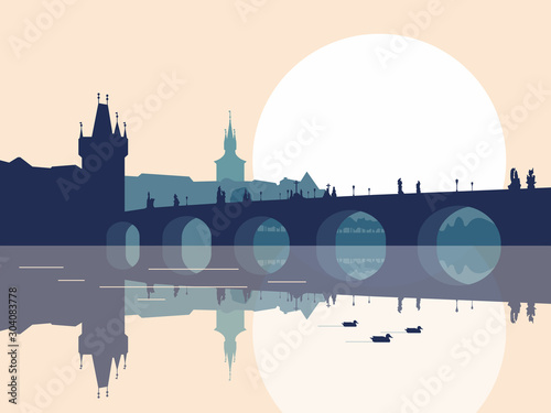 Panorama of Charles bridge in Prague. Blue monochromatic silhouette. Vector illustration.