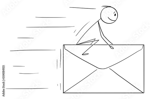 Vector cartoon stick figure drawing conceptual illustration of man or businessman sitting and riding od big fast flying letter, mail or envelope. Communication concept.