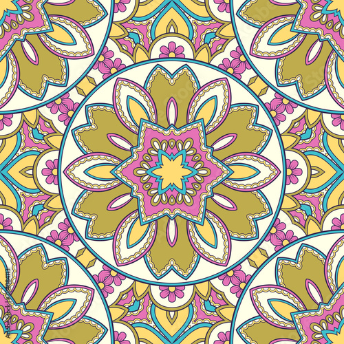 Decorative colorful ethnic seamless pattern for fabric or wrapping in oriental style. Hand drawn illustration