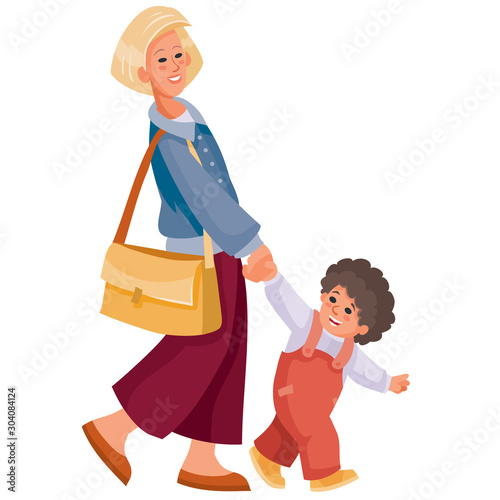 woman with a bag and with her little baby