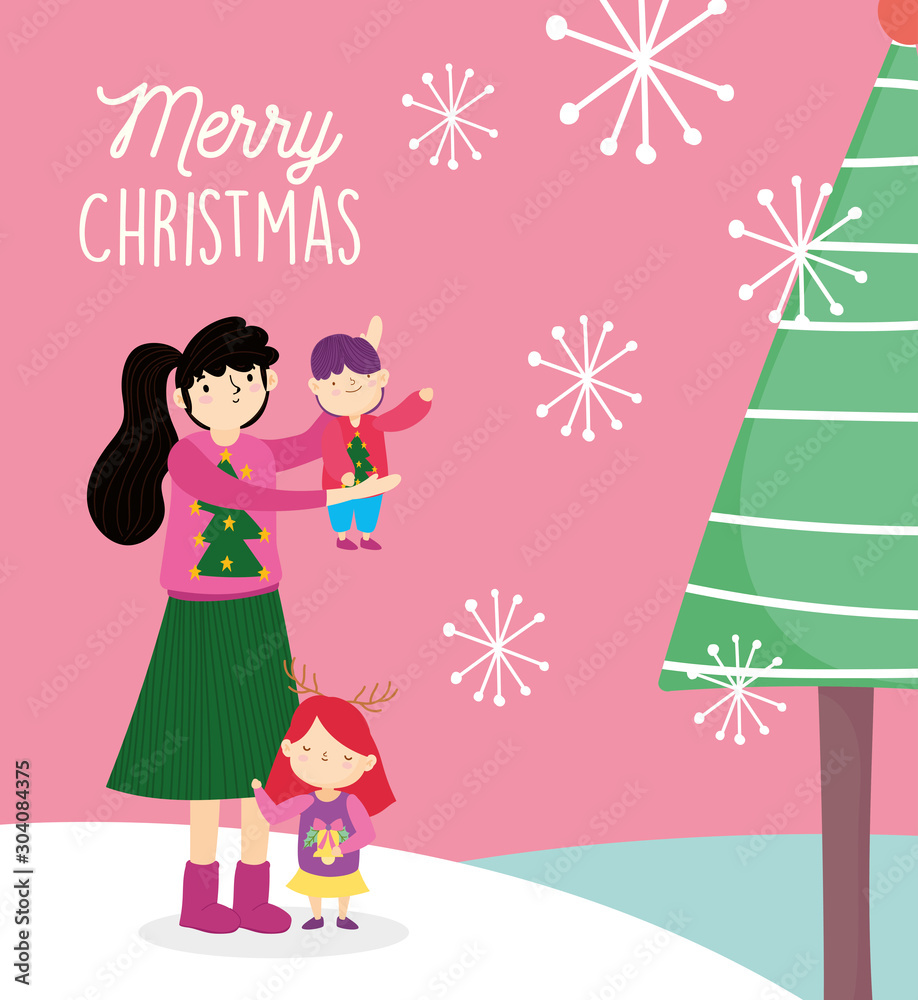 merry christmas mom and kids with trees snowflakes celebration merry christmas mom and kids with trees snowflakes celebration