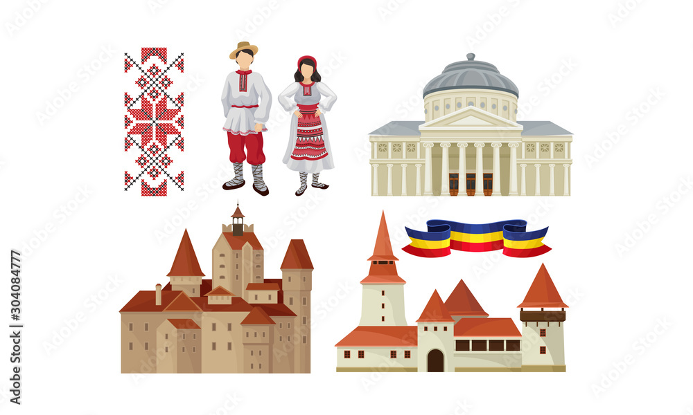 Historical Architecture, Culture And Traditional Embroidery And National Clothes Of Romania Vector Illustration Set Isolated On White Background