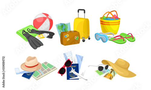 Different Ways to Spend Vacation, Travel Items And Baggage, Business Trip Vector Illustration Set Isolated On White Background
