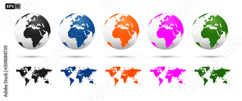 Vector Globes with World Map Colored. Planet Earth Collection with Colorfull continents. Africa silhouette
