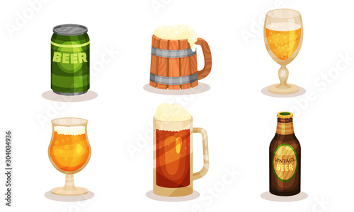 Dark and light beer in bottles, cans and mugs. Vector illustration on a white background.