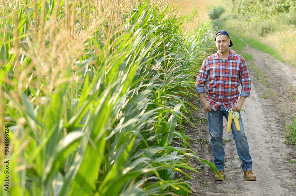 Middle aged caucasian farm worker stands near maize field evening sunset time somewhere in Ukraine Middle aged caucasian farm worker stands near maize field evening sunset time somewhere in Ukraine