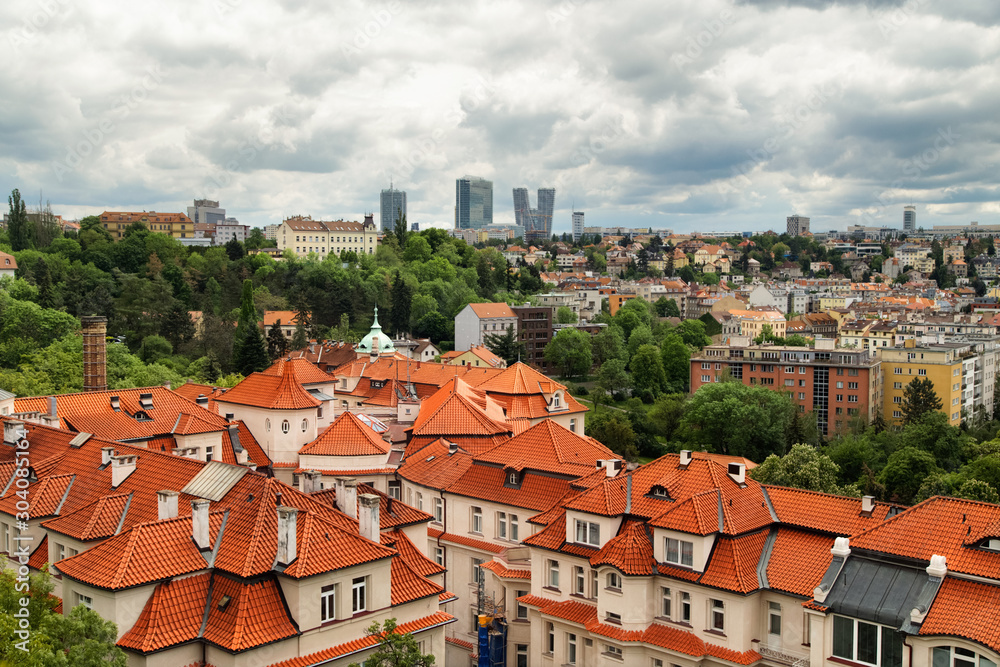 Aerial view of  Praha (Prague), Czech. Prague is colorful and beautiful European city.Beautiful view of the architecture of Prague in the Czech. Dramatic sky background.