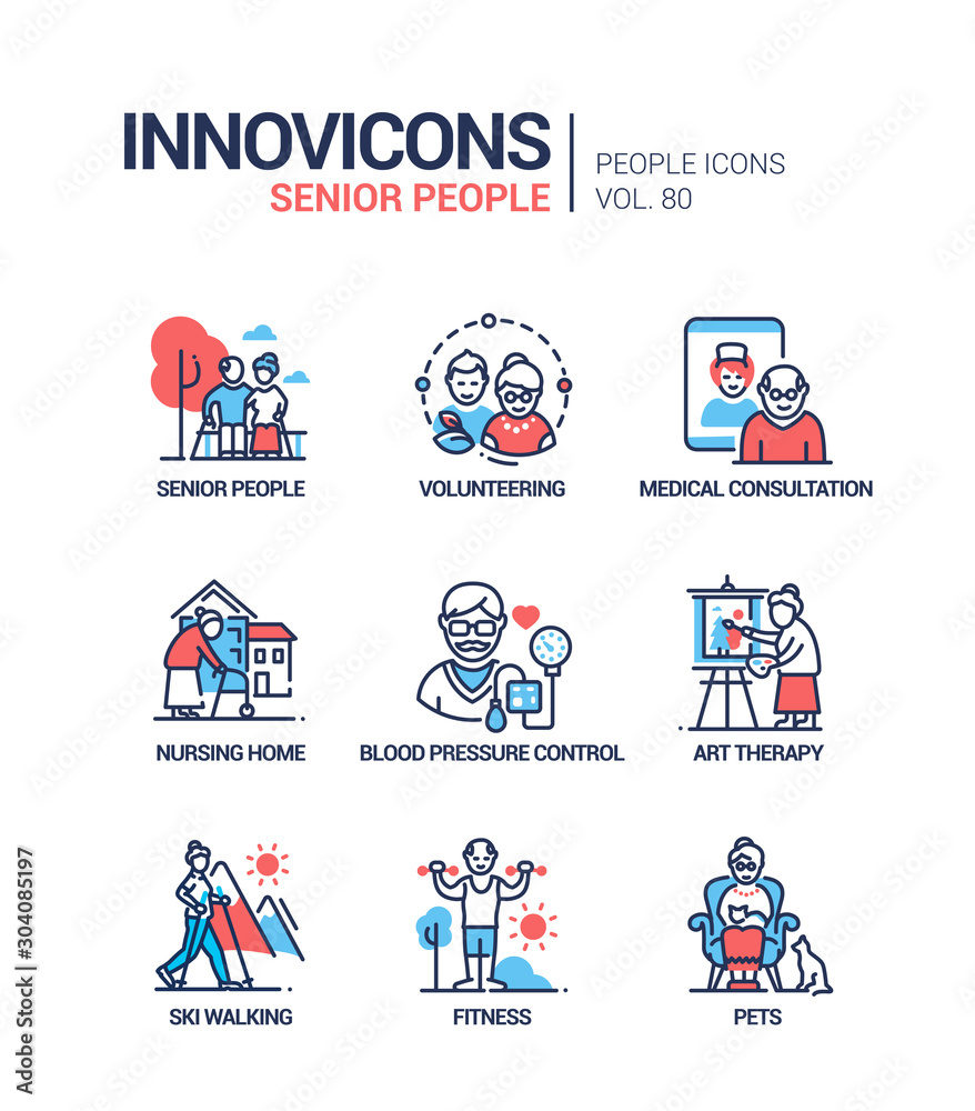 Fototapeta premium Senior people line design style icons set
