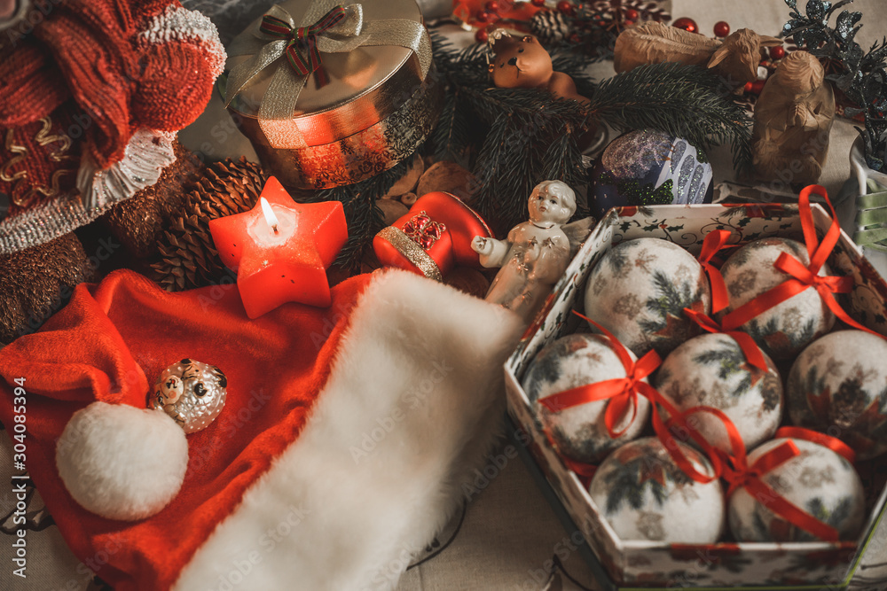 Christmas cozy home composition, simple ideas for cozzines in house, decor elements, home design 