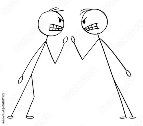 Vector cartoon stick figure drawing conceptual illustration of two angry men or businessmen in fight argument or arguing.