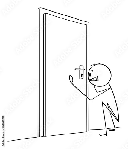 Vector cartoon stick figure drawing conceptual illustration of man or businessman looking through door keyhole.