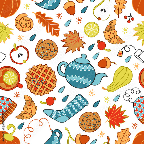 Autumn print. Hot drinks: tea and coffee. Baking: pie, bun and croissant. Autumn leaves and acorns. Knitwear: hat and socks. Pumpkin. Seamless vector pattern (background).