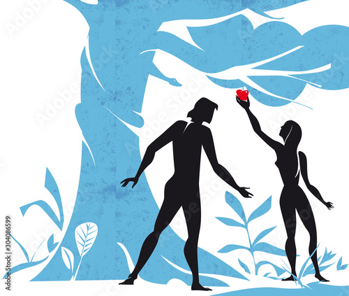 Valokuva Adam and Eve in the Eden garden with the forbidden fruit