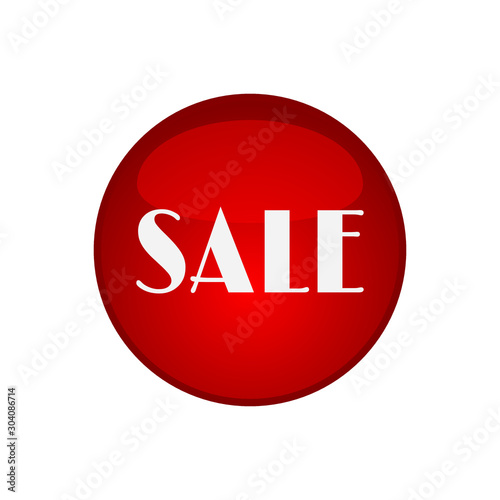 Red round button with word Sale. Circle label for bestseller in online shops. Design elements on white background 