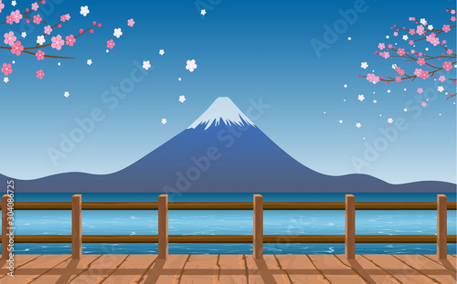 view of fuji mountain at the river in japanese