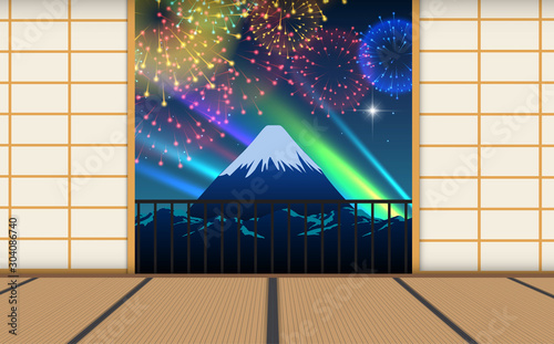 view of colorful firework on the sky at fuji mountain