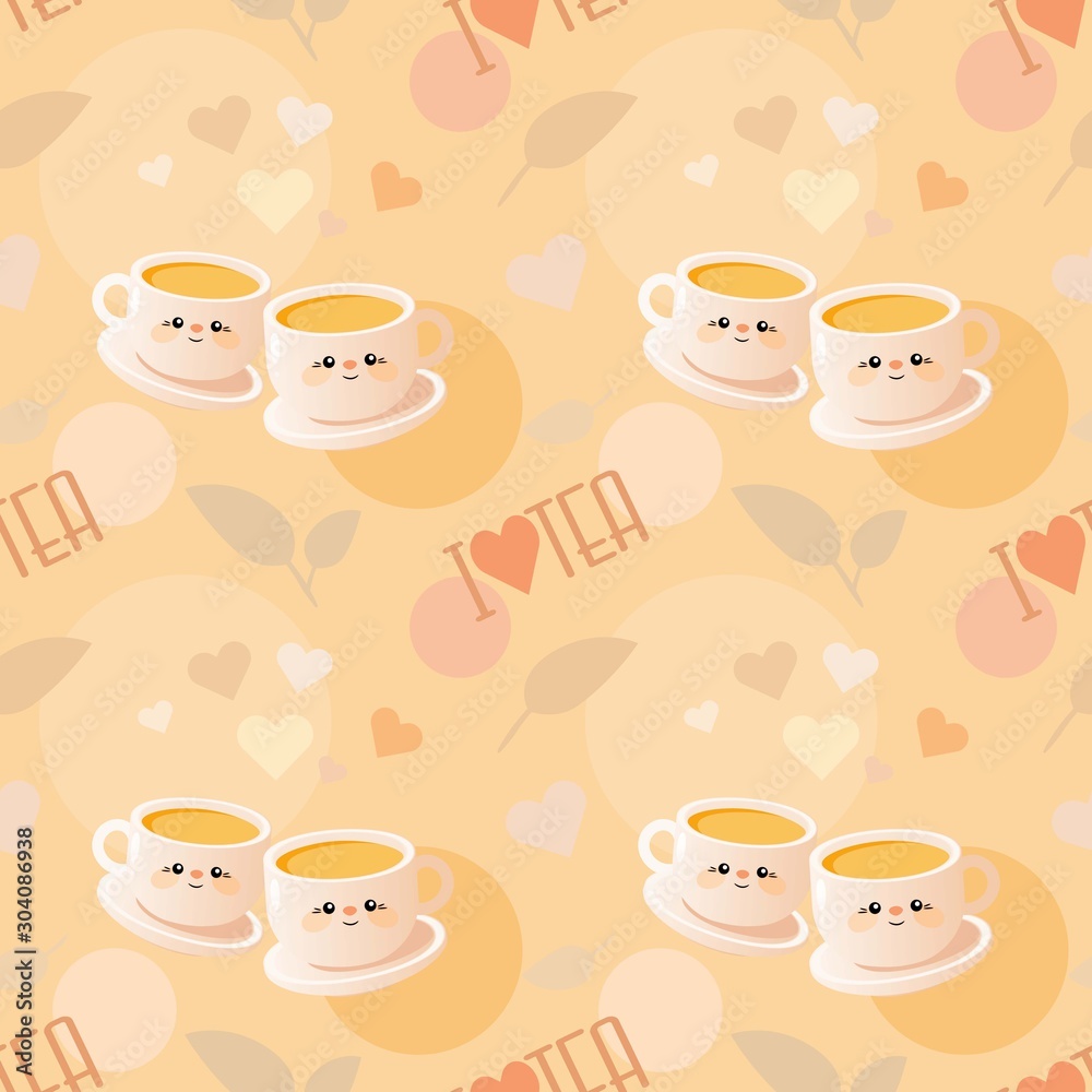 Cute seamless pattern with cups of tea and the words 