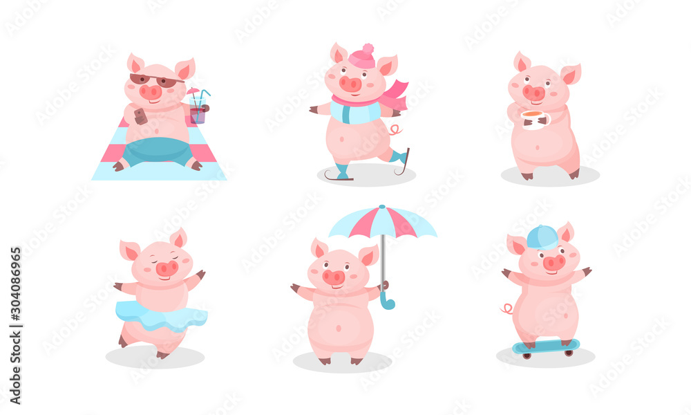 Cartoon Pig Character Vector Set. Piggie Lying on Beach Drinking Cocktail